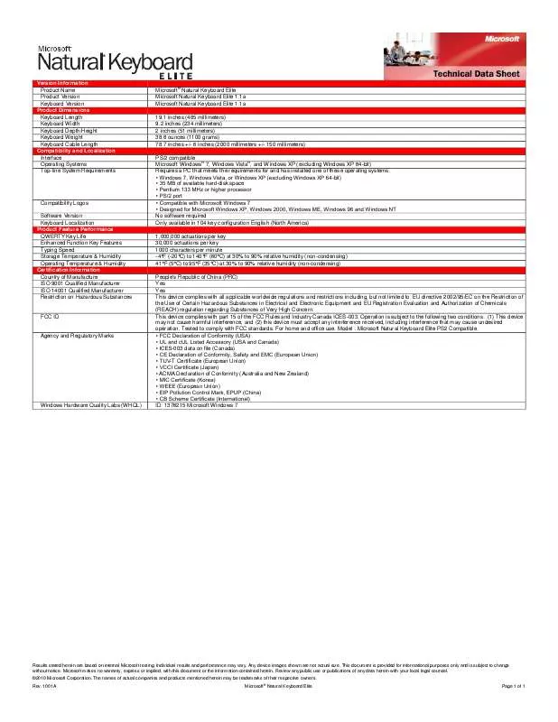 Mode d'emploi MICROSOFT NATURAL KEYBOARD ELITE