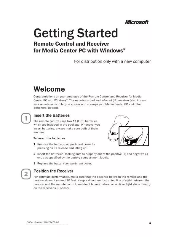 Mode d'emploi MICROSOFT REMOTE CONTROL AND RECEIVER FOR MEDIA CENTER PC WITH WINDOWS