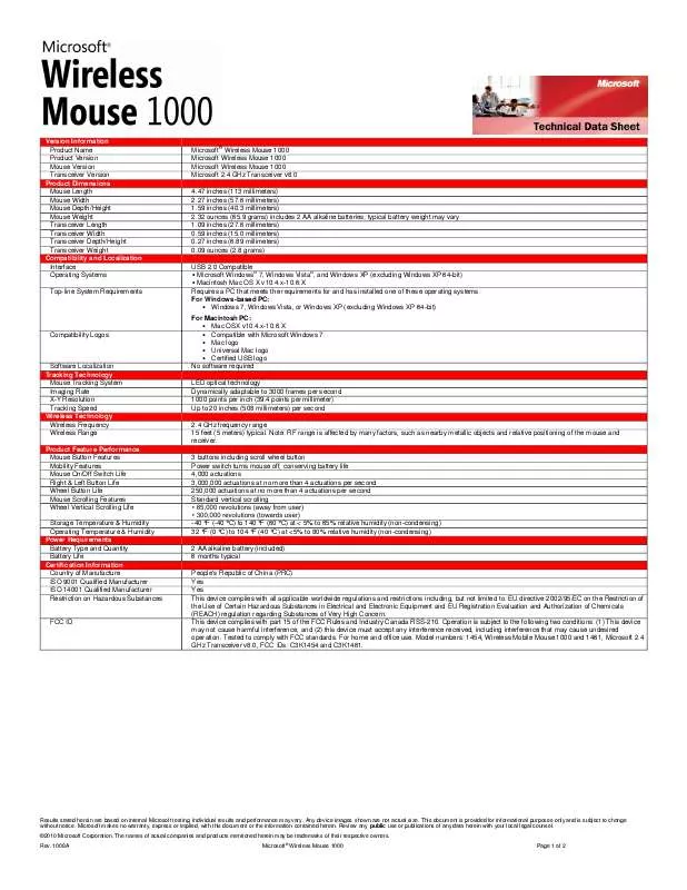 Mode d'emploi MICROSOFT WIRELESS MOUSE 1000