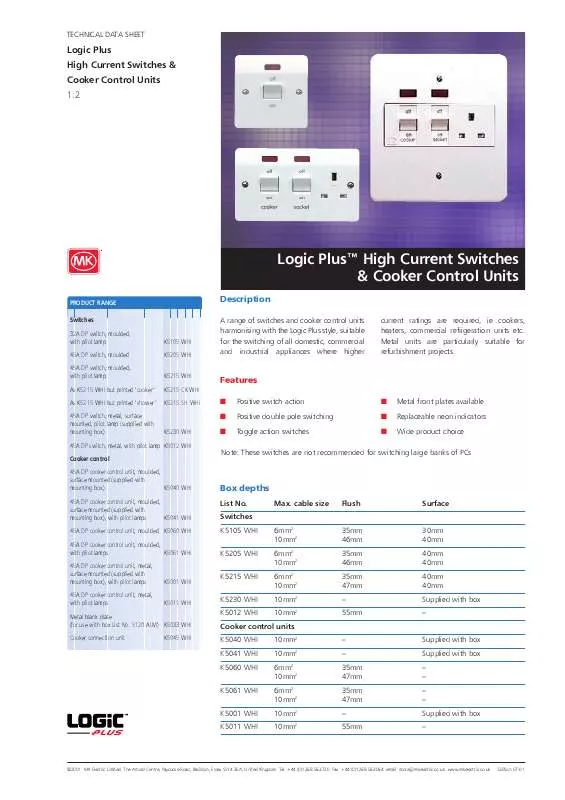 Mode d'emploi MK ELECTRIC LOGIC PLUS HIGH CURRENT SWITCHES COOKER CONTROL UNITS
