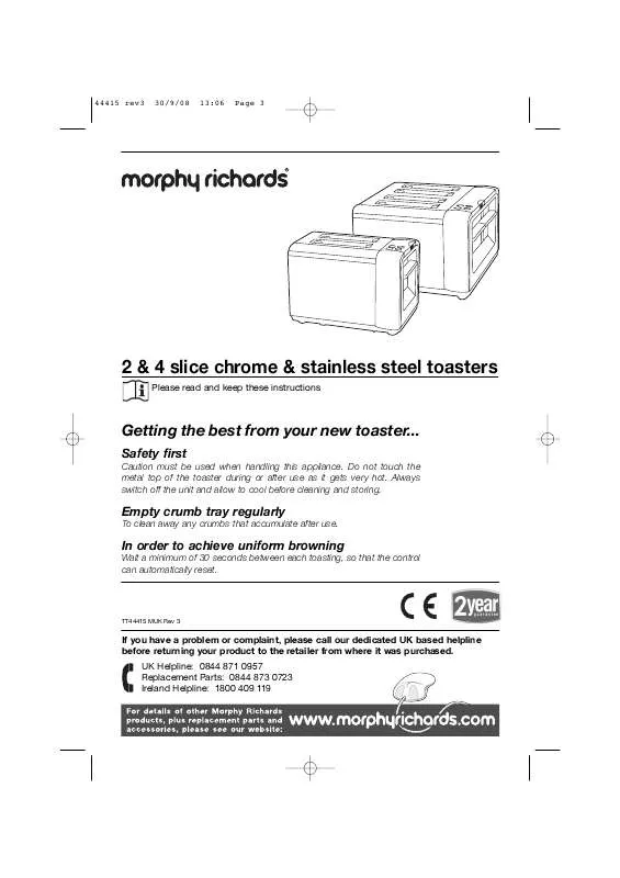 Mode d'emploi MORPHY RICHARDS 2 SLICE CHROME AND STAINLESS STEEL TOASTERS