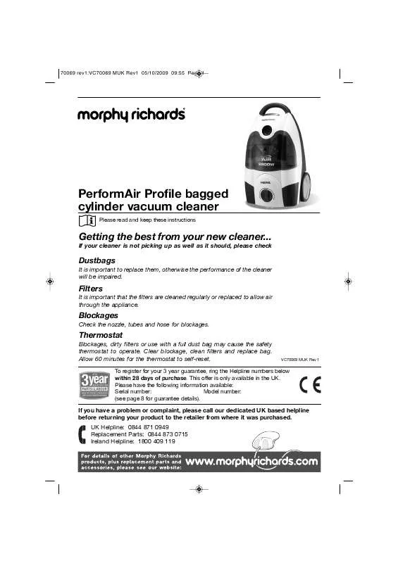 Mode d'emploi MORPHY RICHARDS 70069 VAUUM CLEANER