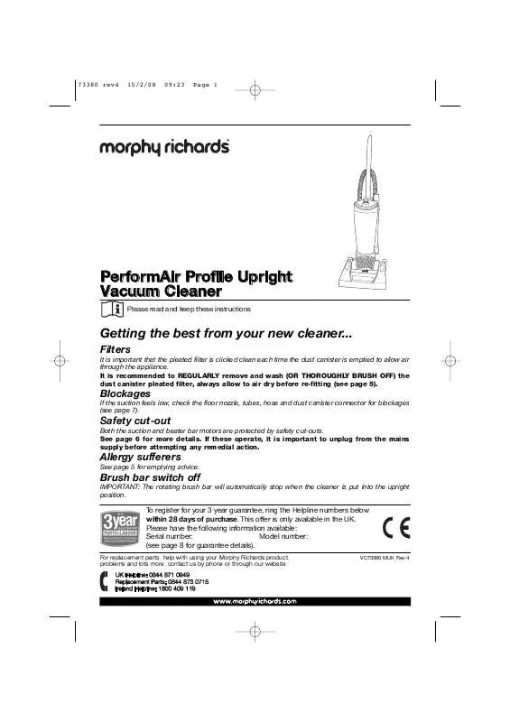 Mode d'emploi MORPHY RICHARDS 73387 VACUUM CLEANER