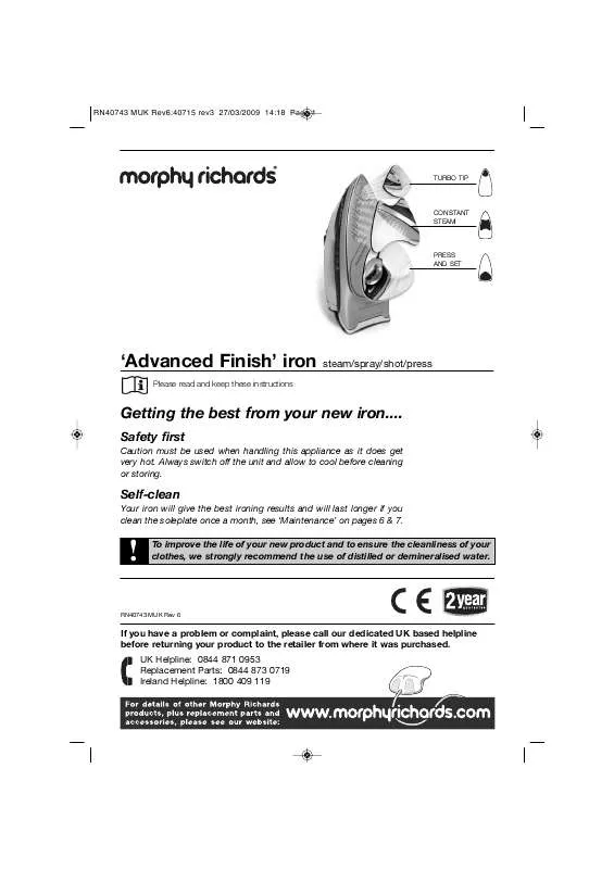 Mode d'emploi MORPHY RICHARDS ADVANCED FINISH IRON