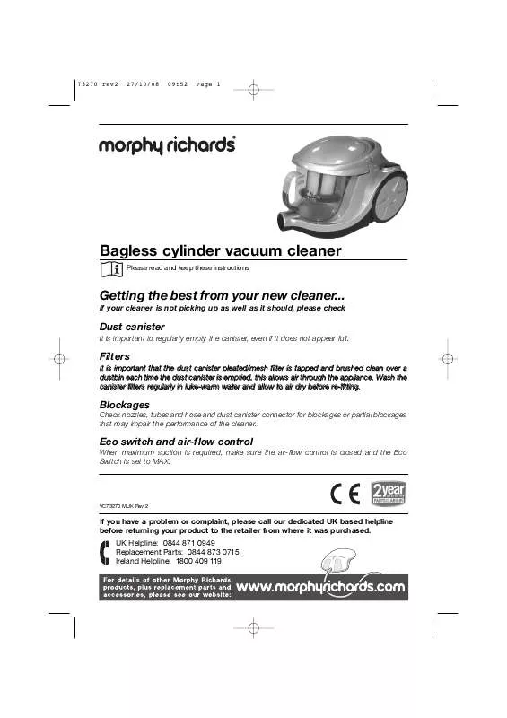 Mode d'emploi MORPHY RICHARDS BAGLESS CYLINDER VACUUM CLEANER 73270