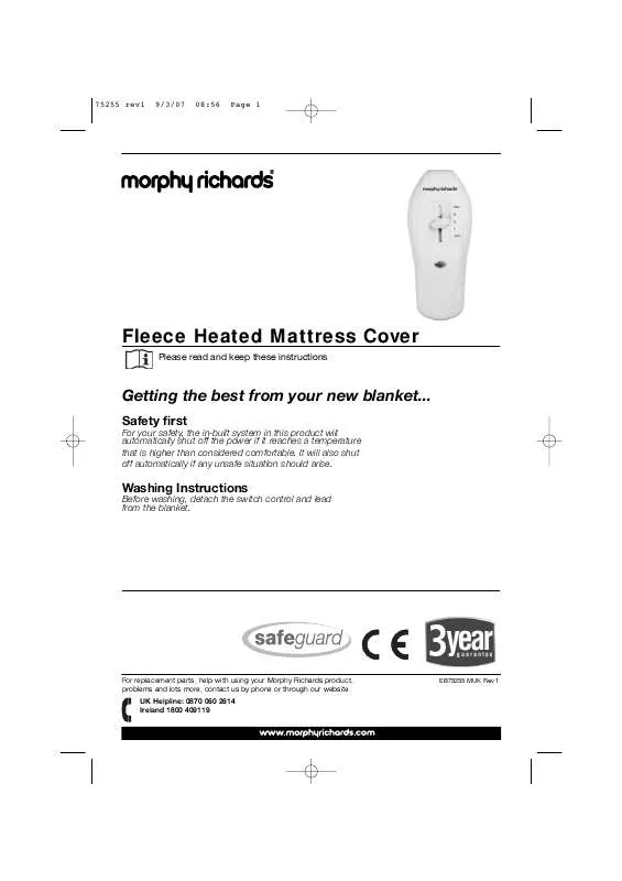Mode d'emploi MORPHY RICHARDS FLEECE HEATED MATTRESS COVER 75255