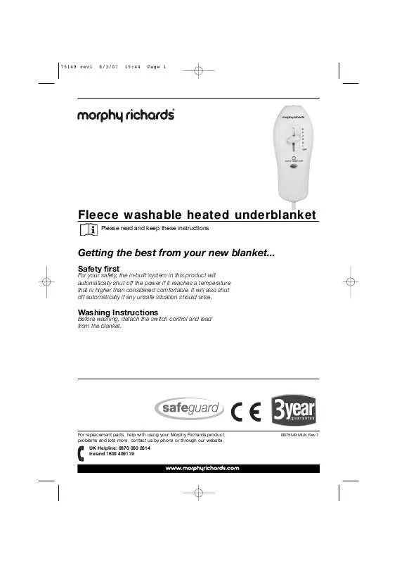 Mode d'emploi MORPHY RICHARDS FLEECE WASHABLE HEATED UNDERBLANKET 75149