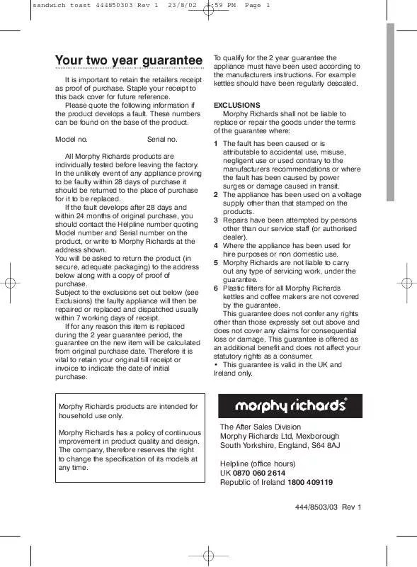 Mode d'emploi MORPHY RICHARDS IB44490