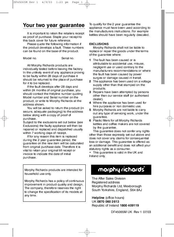 Mode d'emploi MORPHY RICHARDS IB45065