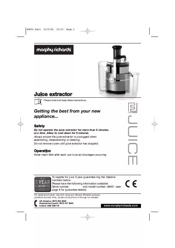 Mode d'emploi MORPHY RICHARDS JUICE EXTRACTOR 48951