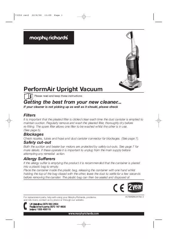 Mode d'emploi MORPHY RICHARDS PERFORMAIR UPRIGHT VACUUM CLEANER 73352