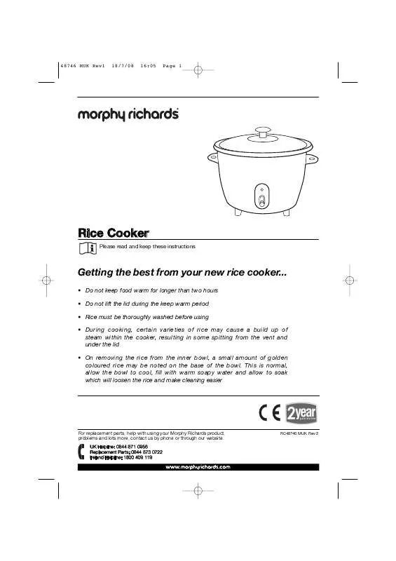 Mode d'emploi MORPHY RICHARDS RICE COOKER 48746 MUK