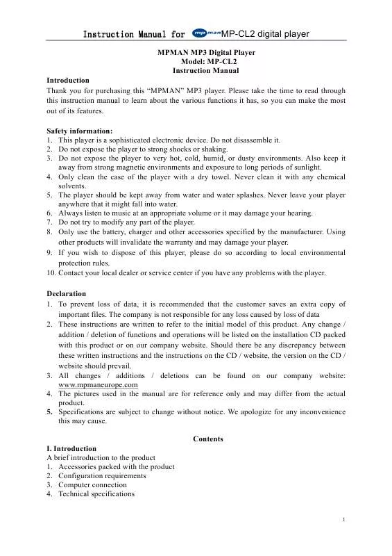 Mode d'emploi MPMAN MP-CL2