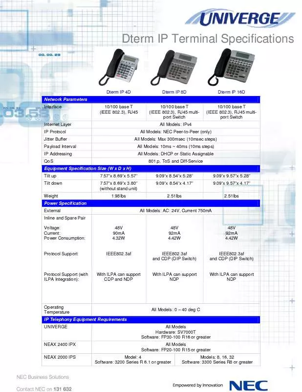 Mode d'emploi NEC DTERM IP 16D