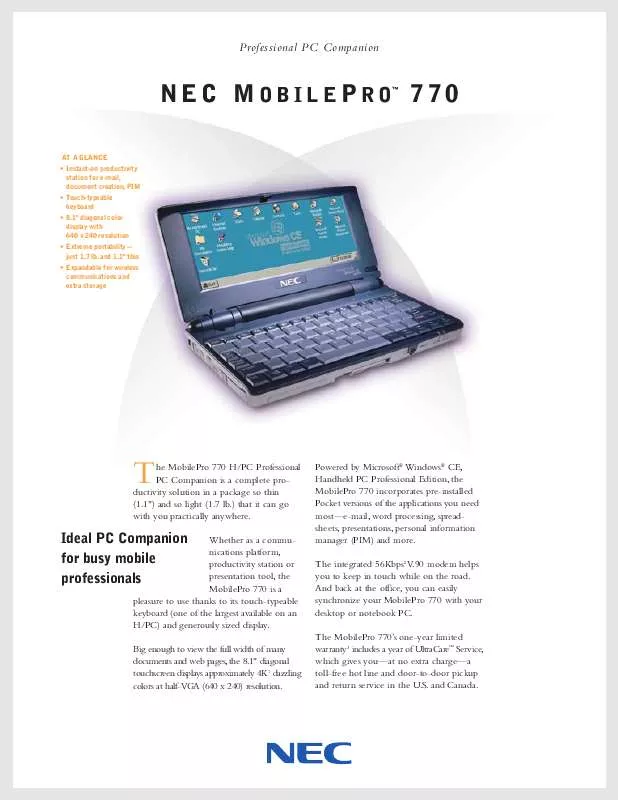 Mode d'emploi NEC MOBILEPRO 770