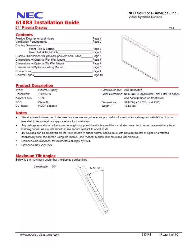 Mode d'emploi NEC PX-61XR3A