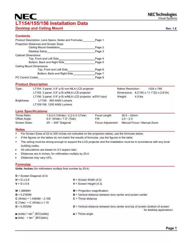 Mode d'emploi NEC THROW-V18-LT156