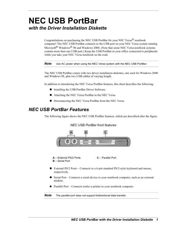 Mode d'emploi NEC USB PORTBAR