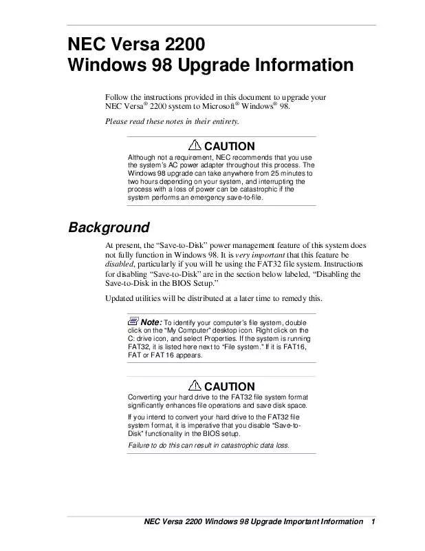 Mode d'emploi NEC VERSA 2200 WINDOWS 98