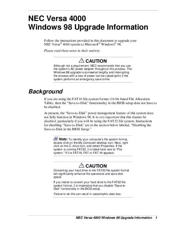 Mode d'emploi NEC VERSA 4000 WINDOWS 98