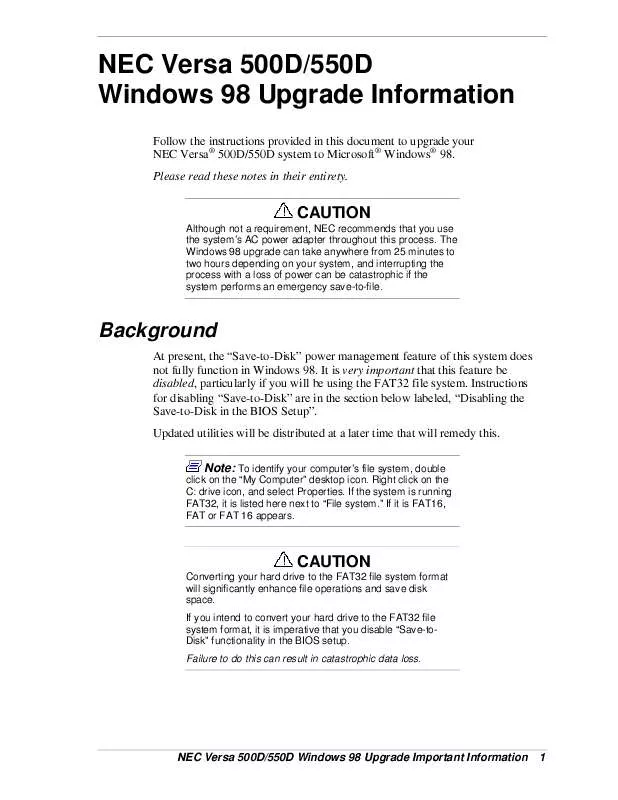 Mode d'emploi NEC VERSA 500D WINDOWS 98