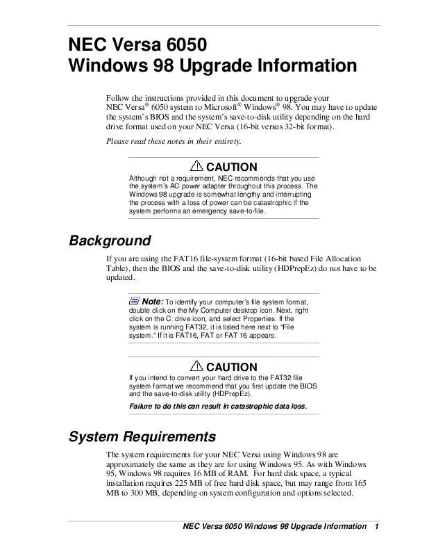 Mode d'emploi NEC VERSA 6050 WINDOWS 98