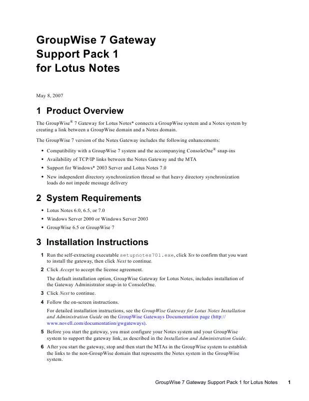 Mode d'emploi NOVELL GROUPWISE 7 GATEWAY