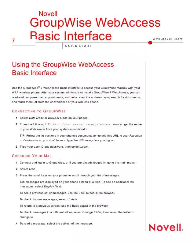 Mode d'emploi NOVELL GROUPWISE 7 WEBACCESS