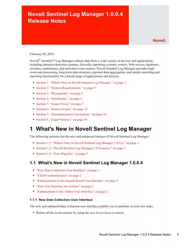 Mode d'emploi NOVELL SENTINEL LOG MANAGER 1.0.0.4