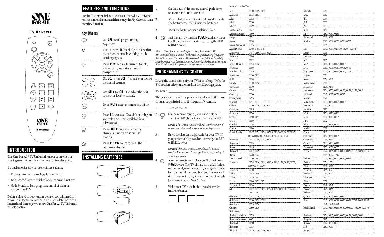 Mode d'emploi ONE FOR ALL TV UNIVERSAL