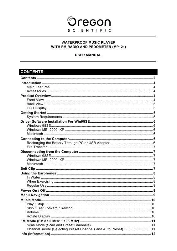 Mode d'emploi OREGON SCIENTIFIC MP 121