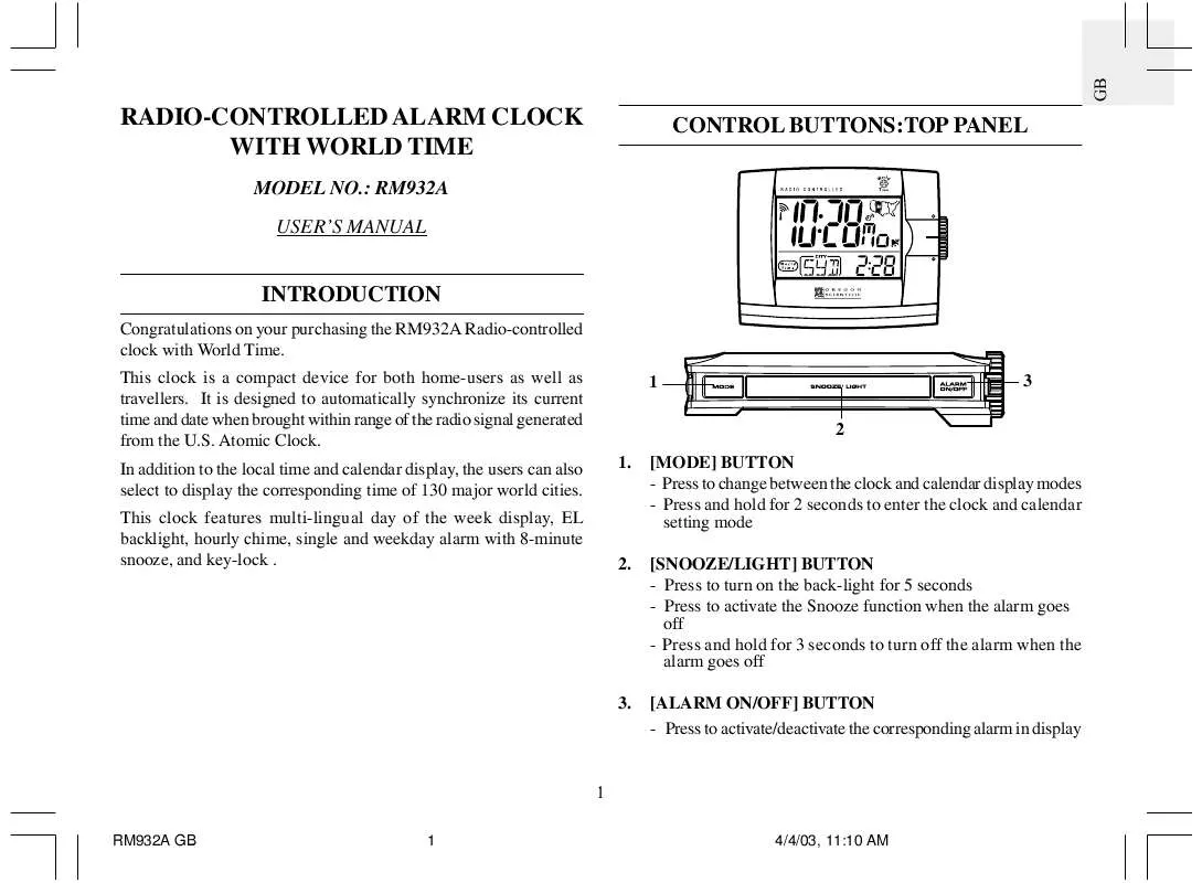 Mode d'emploi OREGON SCIENTIFIC RM932A