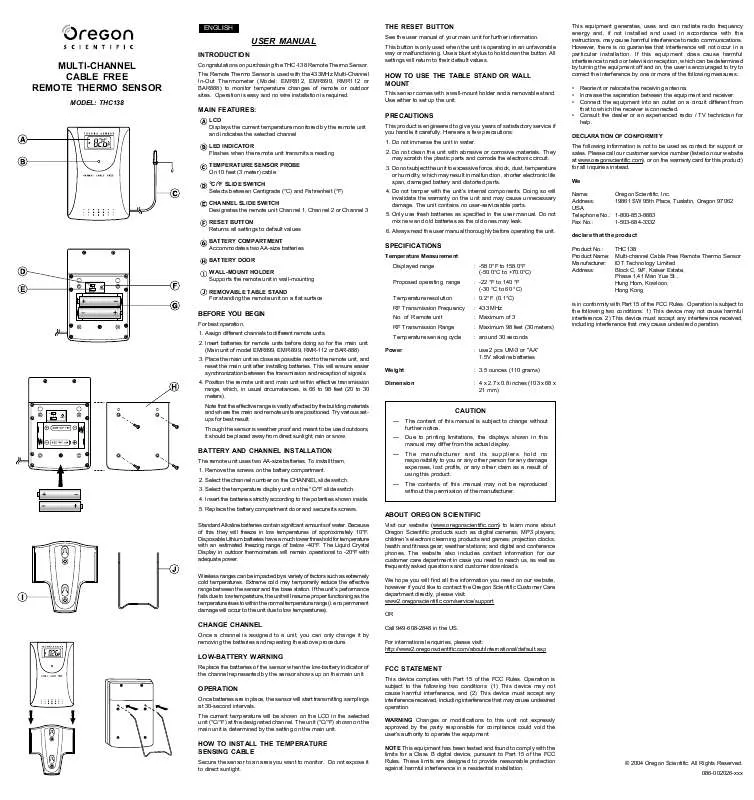 Mode d'emploi OREGON SCIENTIFIC THC138