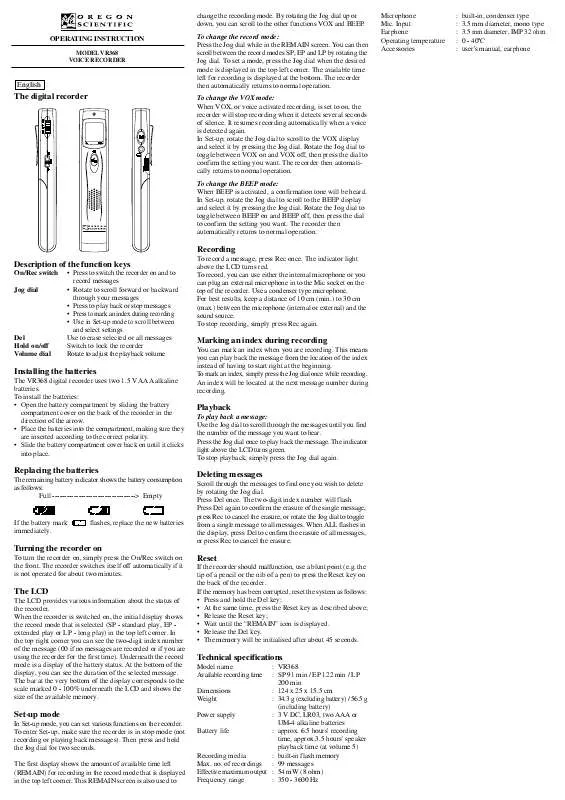 Mode d'emploi OREGON SCIENTIFIC VR368