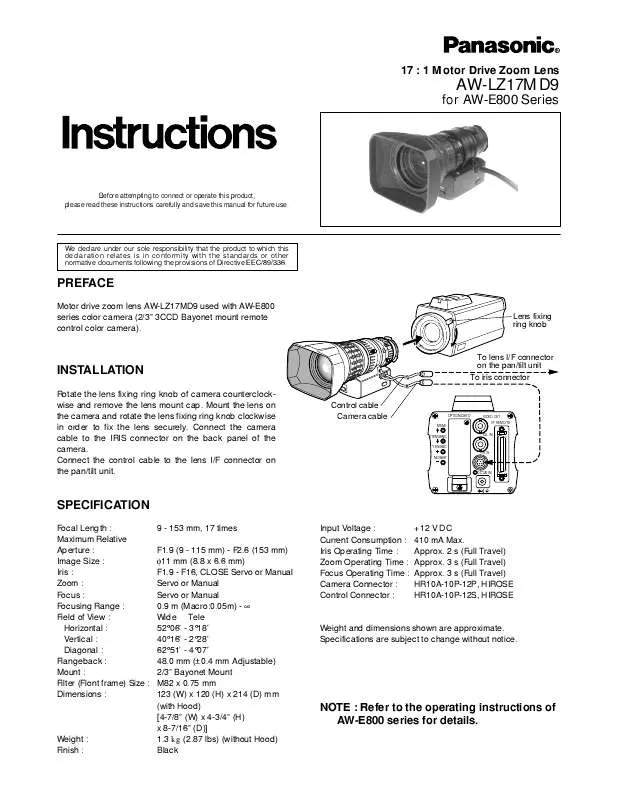 Mode d'emploi PANASONIC AW-LZ17MD9