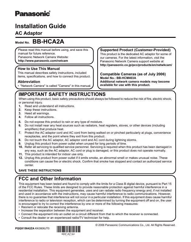 Mode d'emploi PANASONIC BB-HCA2A