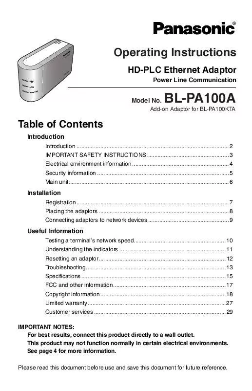 Mode d'emploi PANASONIC BLPA100A