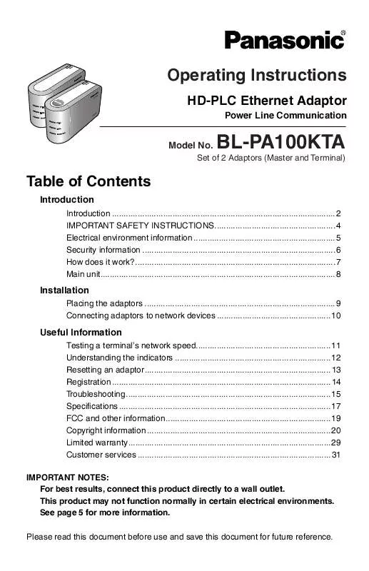 Mode d'emploi PANASONIC BLPA100KTA