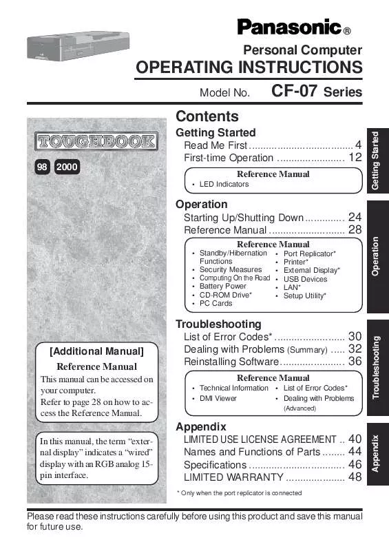 Mode d'emploi PANASONIC CF-07LZCZYDM