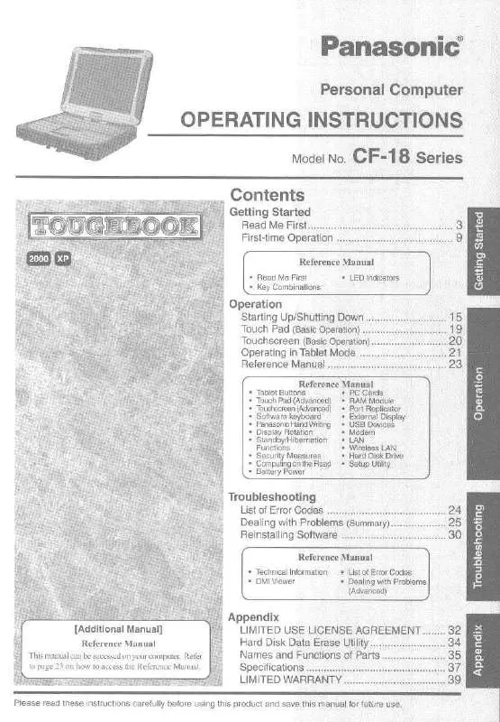 Mode d'emploi PANASONIC CF-18BHKZXDM