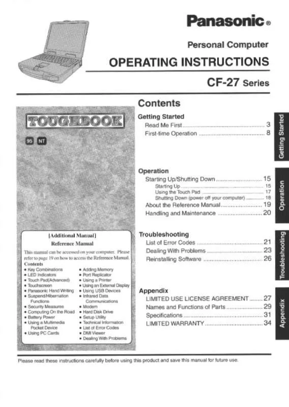 Mode d'emploi PANASONIC CF-27EB6GDAM