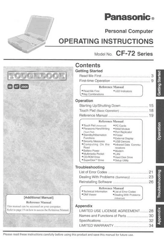 Mode d'emploi PANASONIC CF-72Q3GQZEM