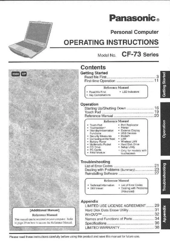 Mode d'emploi PANASONIC CF-73E3KVXDM