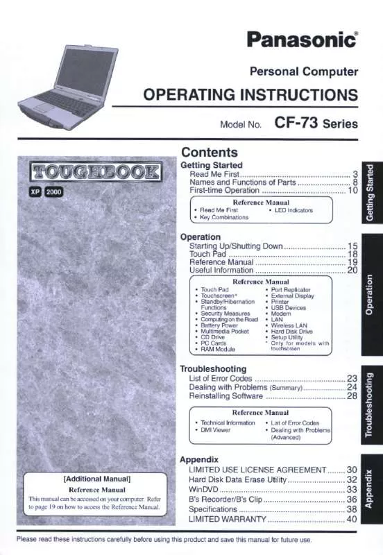 Mode d'emploi PANASONIC CF-73JCLTXDM