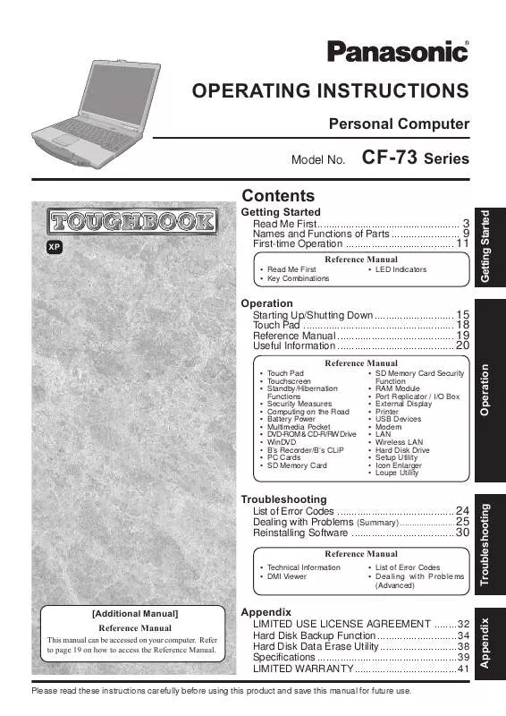 Mode d'emploi PANASONIC CF-73SCVTSBM