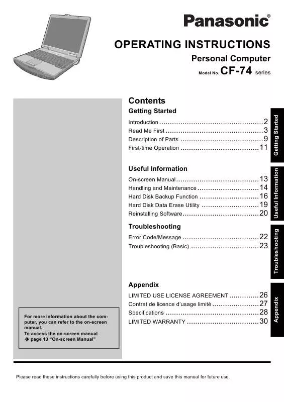 Mode d'emploi PANASONIC CF-74CCBADBM