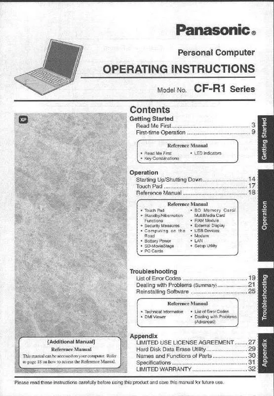 Mode d'emploi PANASONIC CF-R1N62ZVKM