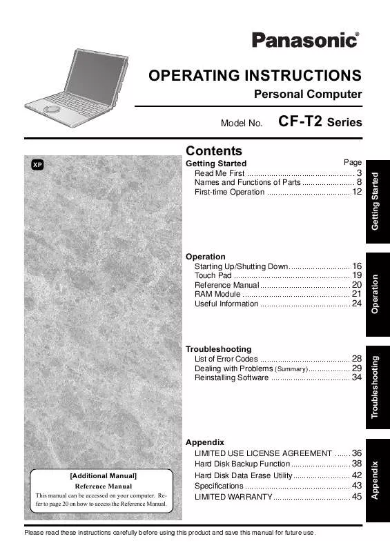 Mode d'emploi PANASONIC CF-T2FWATZBM