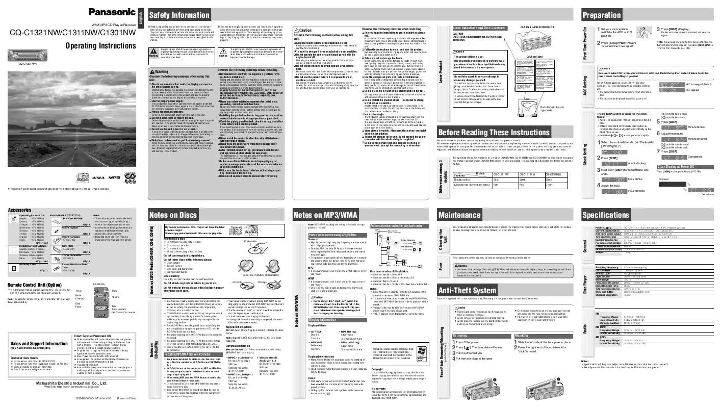 Mode d'emploi PANASONIC CQ-C1301NW