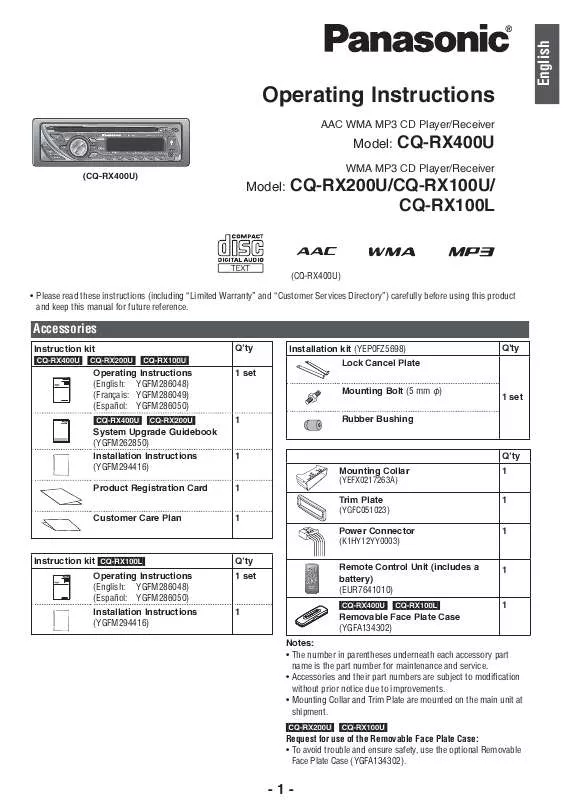 Mode d'emploi PANASONIC CQ-RX100U